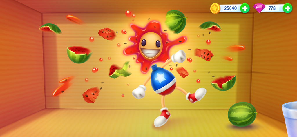 Buddy-Charakter in einem Sternen-Outfit, getroffen von explodierenden Wassermelonen mit roten Spritzern in einem Holzzimmer