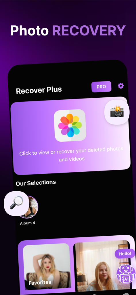 Recover Plus: Photo Recovery - Startbildschirm der Recover Plus App, der das Haupt-Dashboard mit Optionen zur Wiederherstellung gelöschter Fotos und Videos anzeigt