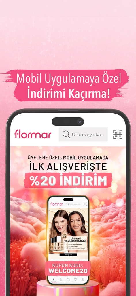 Pantalla promocional de la app móvil de Flormar que ofrece un veinte por ciento de descuento en la primera compra