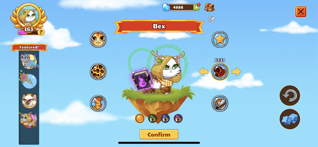 Character customization screen for a cat hero named Bex in Castle Cats showing gear and traits.
