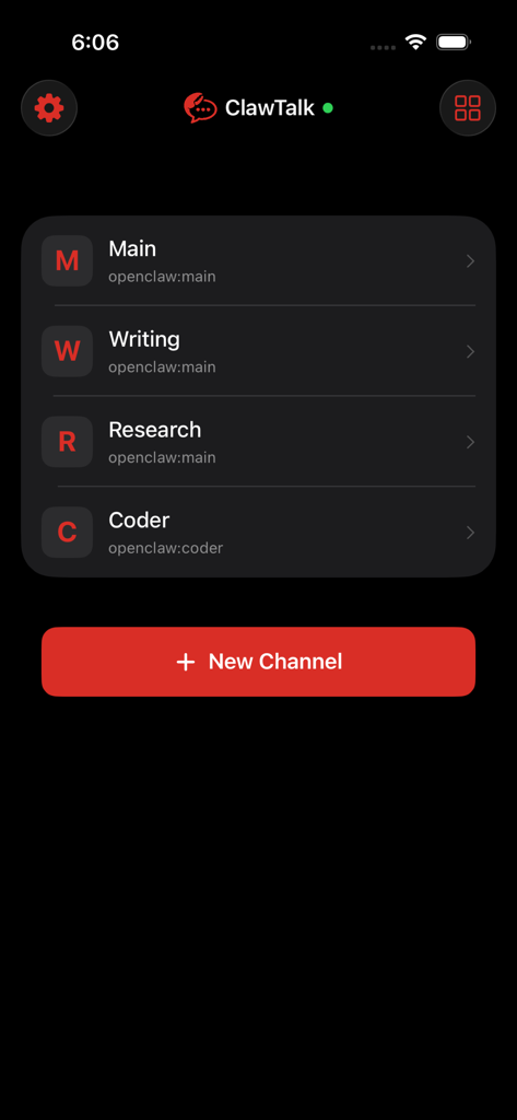 Interface of ClawTalk app showing different AI agent channels like Main Writing Research and Coder with a New Channel button