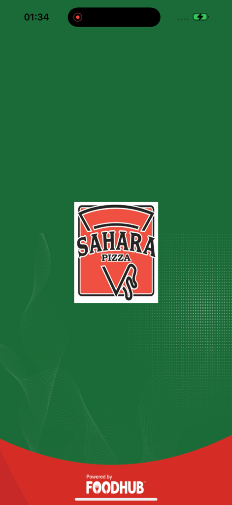 SAHARA PIZZA. - A tela de apresentação do aplicativo móvel Sahara Pizza com o logotipo da marca e o slogan Powered by Foodhub.