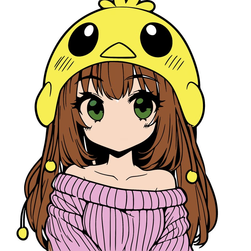 anime girl with chick shaped hat with sweater with bare shoulders with bangs covering them one eye with low tail