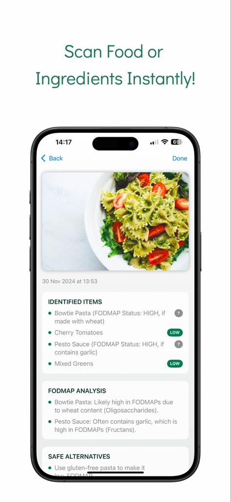 FODMAP Friendly AI Scanner - FODMAP Friendly AI Scanner app displaying an ingredient analysis and safety status for a pasta dish