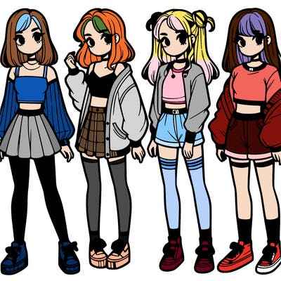 one girl with crop-top shirt and a jacket with a skirt, long socks and another girl with a shirt and pants with a jacket