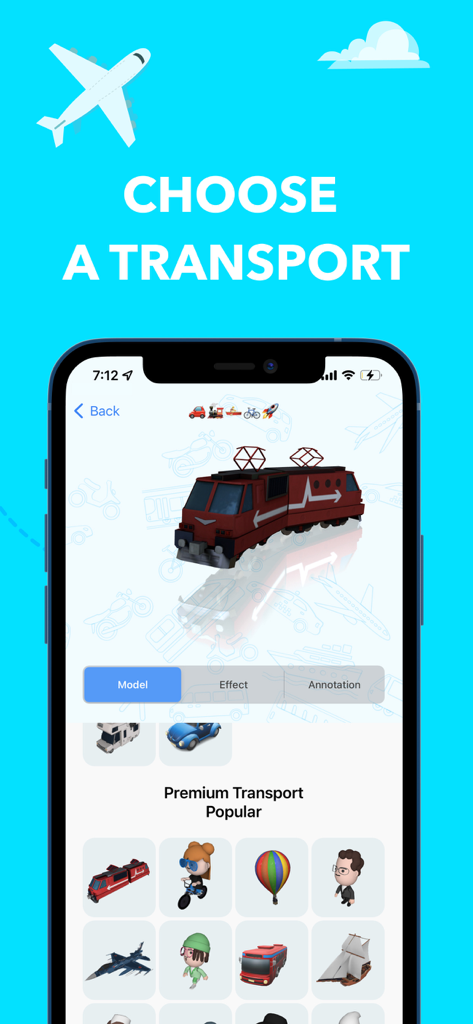 A mobile app screen for choosing 3D transport models like trains and planes to create animated travel maps