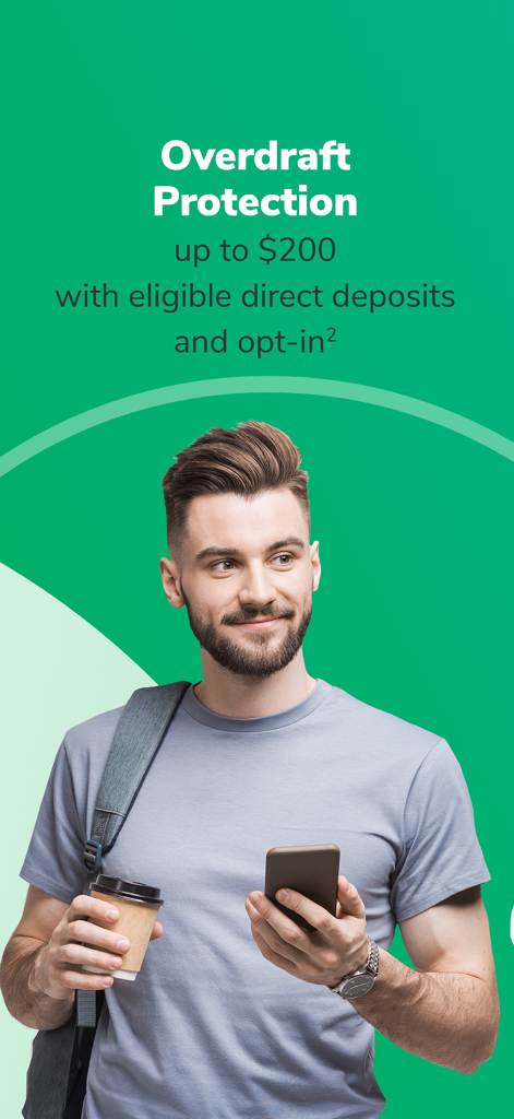 Green Dot - Mobile Banking - 200달러까지 Green Dot 초과 인출 보호 광고가 있는 스마트폰을 사용하는 남성