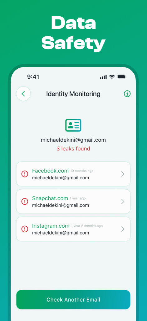 Guardy: Ai Security Protection - Guardy AI Security identity monitoring screen displaying found data leaks for an email address