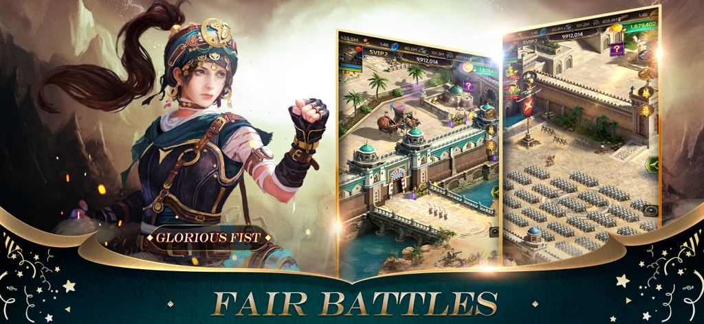 Un personaggio guerriero femminile accanto a screenshot del gameplay mobile che mostrano la gestione del castello e le formazioni dell'esercito in Revenge of Sultans.