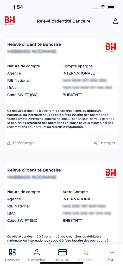 BH MOBILE - BH Mobileアプリのインターフェース。IBANとSWIFTコードを含む銀行識別明細書が表示されています。