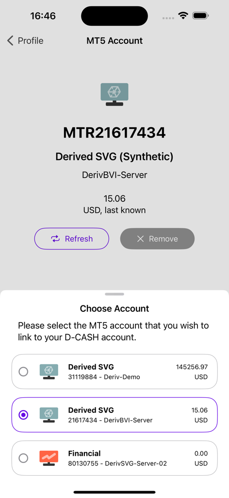 D-CASH - D-CASH mobile app screen showing the selection and linking process for a MetaTrader 5 trading account