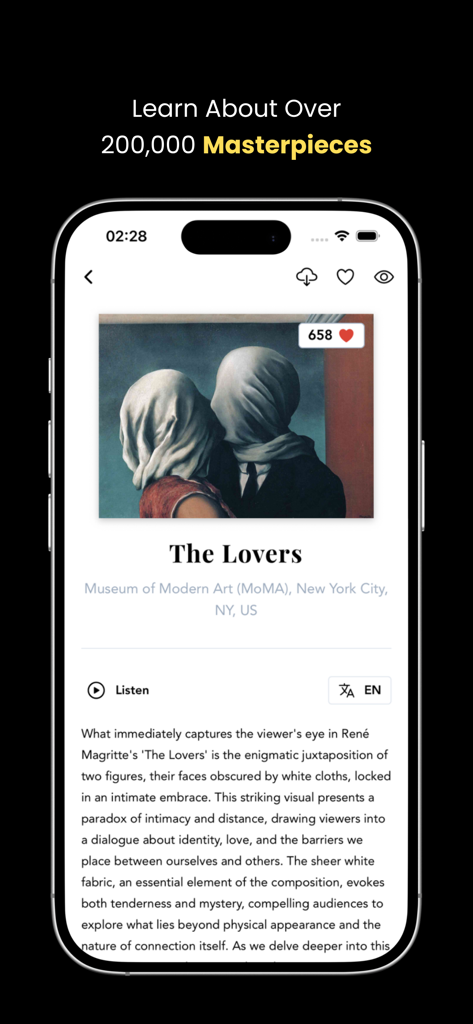 Interface de l'application mobile Artify montrant le tableau Les Amants de René Magritte et sa description historique.