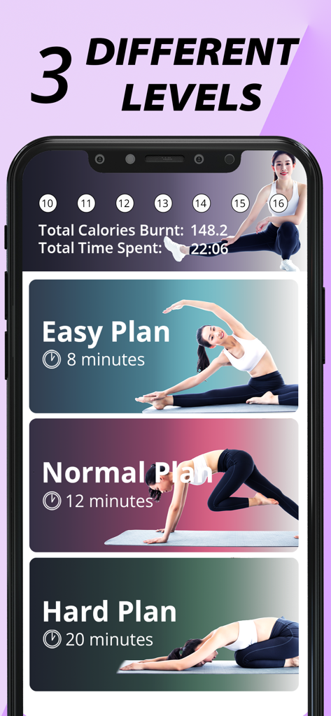 Home Workout-Fitness for Women - Screenshot of Home Workout app showing easy normal and hard fitness plans for women