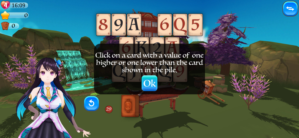 Pyramid Solitaire Asia - Pantalla de tutorial de Pyramid Solitaire Asia mostrando las reglas del juego y un personaje de anime