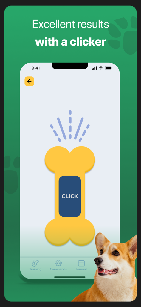 Dog Training & Clicker - Pawer - Pawer app interface showing a digital dog training clicker with a bone-shaped button and a Corgi