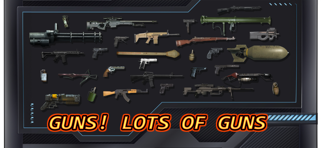 A wide variety of firearms and explosives including rifles, pistols, and grenades displayed in a weapon simulator app interface.