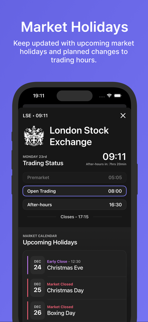 Market Clocks - Screenshot of the Market Clocks app displaying London Stock Exchange trading hours and a calendar of upcoming market holidays.