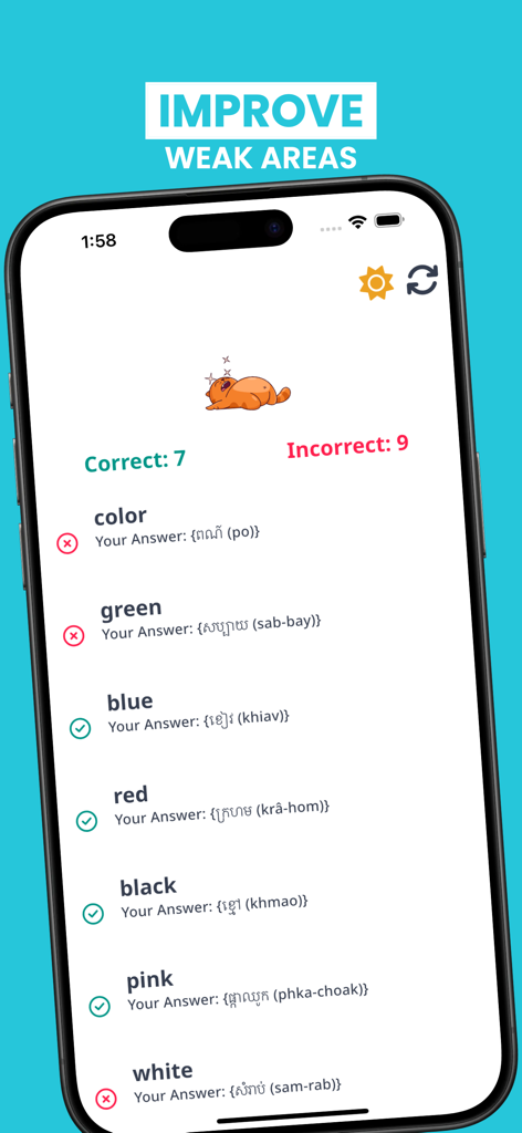 Learn Khmer For Beginners - Una pantalla de aplicación móvil titulada Mejora las Áreas Débiles que muestra los resultados del cuestionario de idioma Khmer para colores con marcadores correctos e incorrectos.