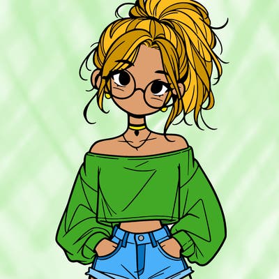 girl with a messy ponytail glasses a baggy crop top and jean shorts