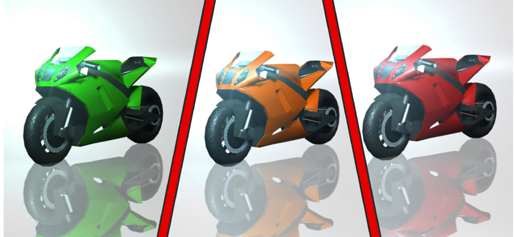 Three different colored racing motorcycles in green orange and red