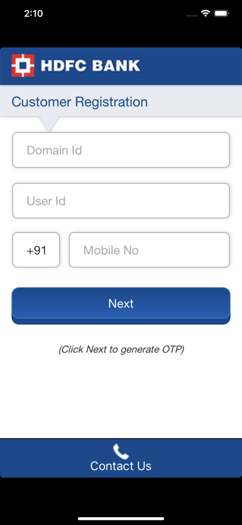HDFC Bank Trade Finance app registration screen with fields for Domain ID and User ID.