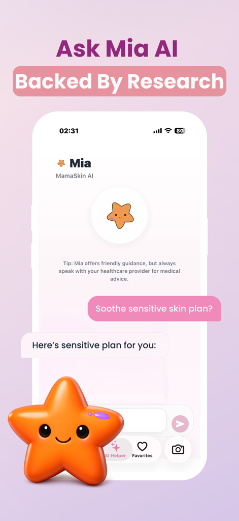 MamaSkin App Mia KI-Chat-Oberfläche mit Ratschlägen zur schwangerschaftssicheren Hautpflege