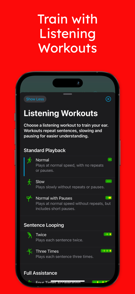Glisten · Language Podcasts - A smartphone screen showing the Glisten app listening workout settings with options for playback speed and sentence looping