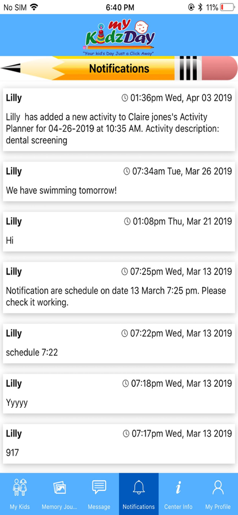 Notifications screen in the myKidzDay app showing childcare activity updates and reminders for parents