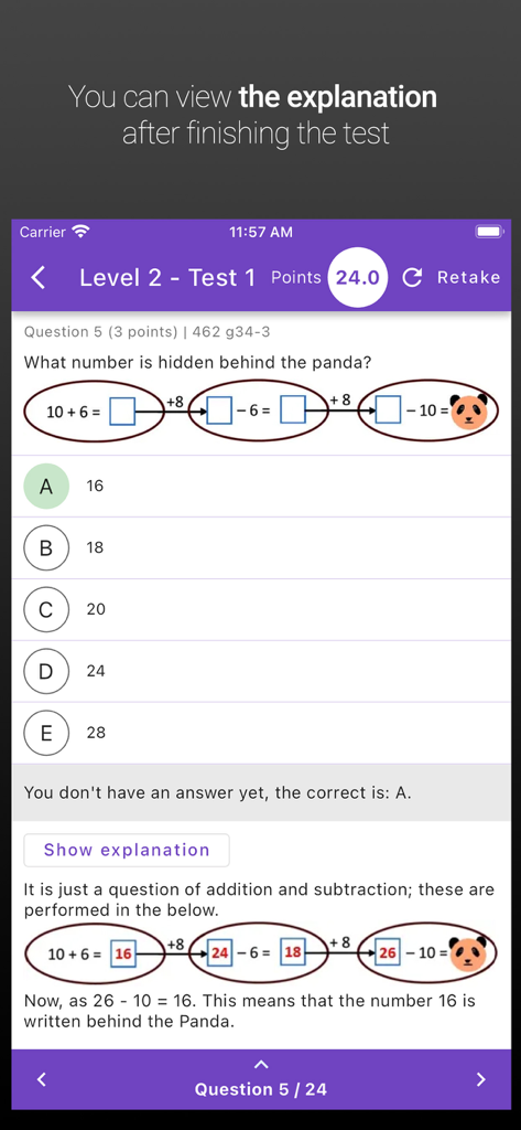 kMath - IKMC Kangaroo Math - A math competition problem in the kMath app with a step by step explanation of a logic puzzle involving addition and subtraction
