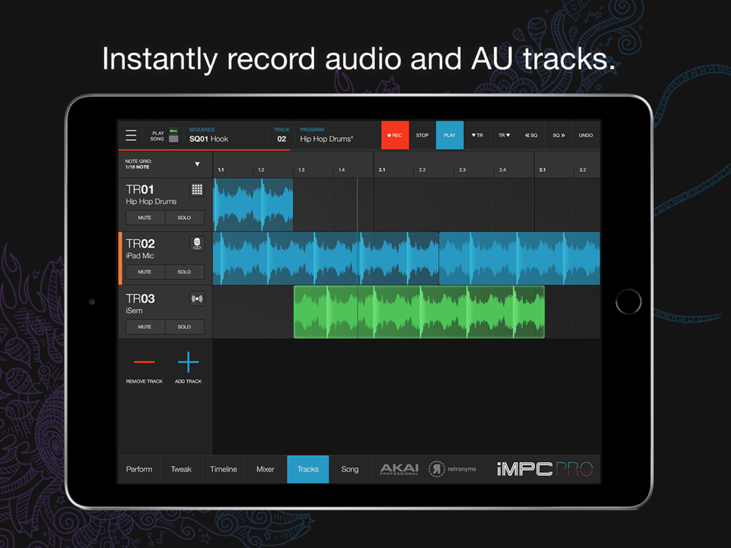 iMPC Pro 2 - Interface de l'application iMPC Pro 2 affichant l'enregistrement audio multi-pistes et AU sur iPad
