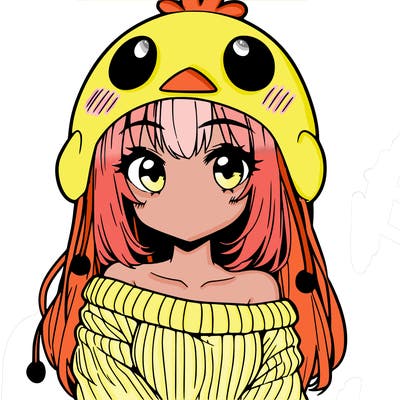 anime girl with chick shaped hat with sweater with bare shoulders with bangs covering them one eye with low tail