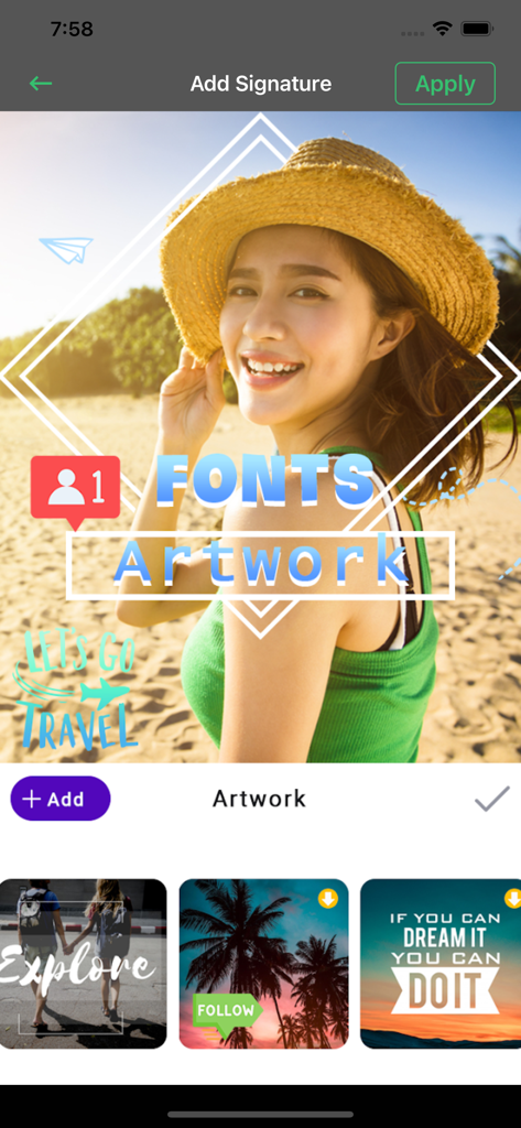 Interface de um aplicativo de edição de fotos mostrando sobreposições de texto, adesivos e templates de design gráfico em uma foto de praia