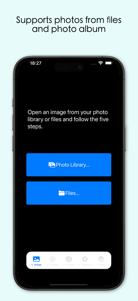 Split Lab - Interface do Split Lab mostrando opções para escolher fotos da biblioteca de fotos ou arquivos.