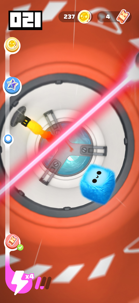A blue fuzzy square character dodging a bright pink laser in a 3D runner game