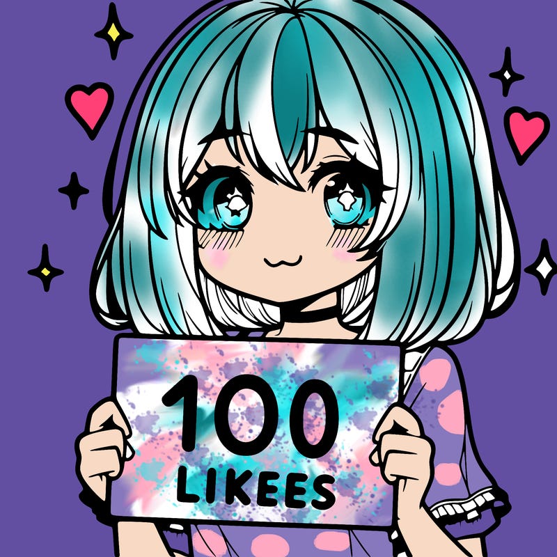 anima girl holding a 100 likes sign in her hand