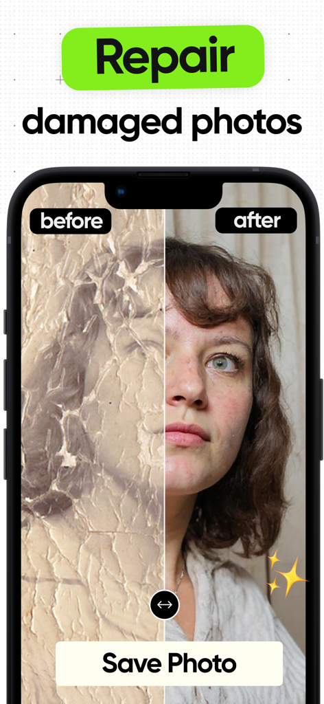 Restore Old Photos: Restorio - Ein Vorher-Nachher-Vergleich eines rissigen Vintage-Porträts, das mit der Restorio-App in ein klares Farbfoto restauriert wurde.