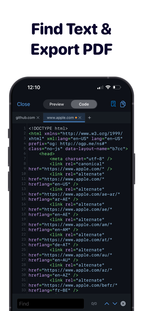 Html editor: html viewer - Interface do visualizador HTML mostrando pesquisa de código-fonte e recursos de exportação de PDF