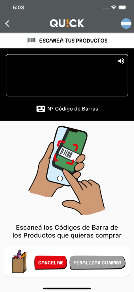 Quick Scan and GO app interface showing the product barcode scanning screen