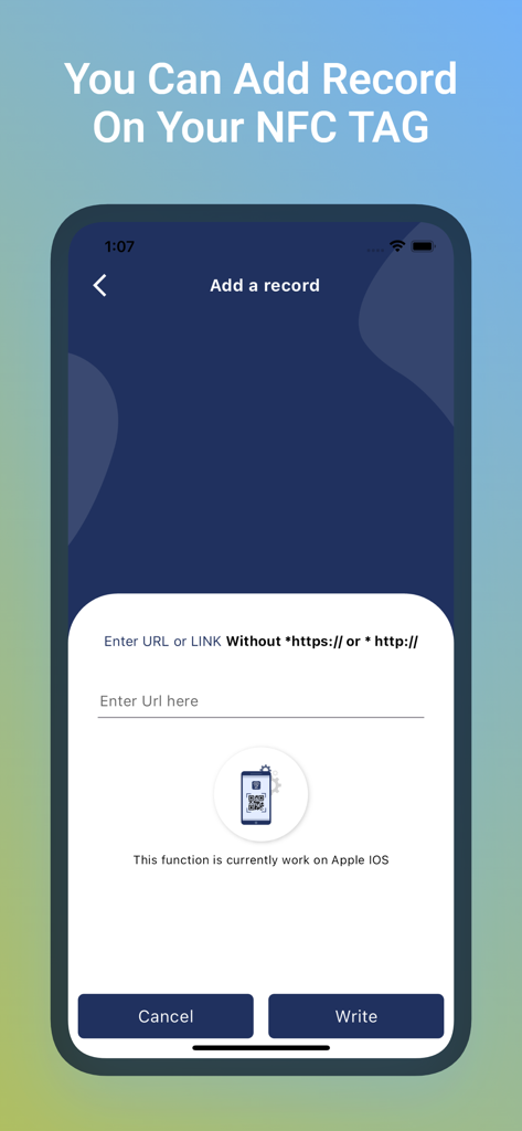NFC TOOL - Interfaz de la aplicación NFC TOOL para añadir y escribir un registro de URL en una etiqueta NFC