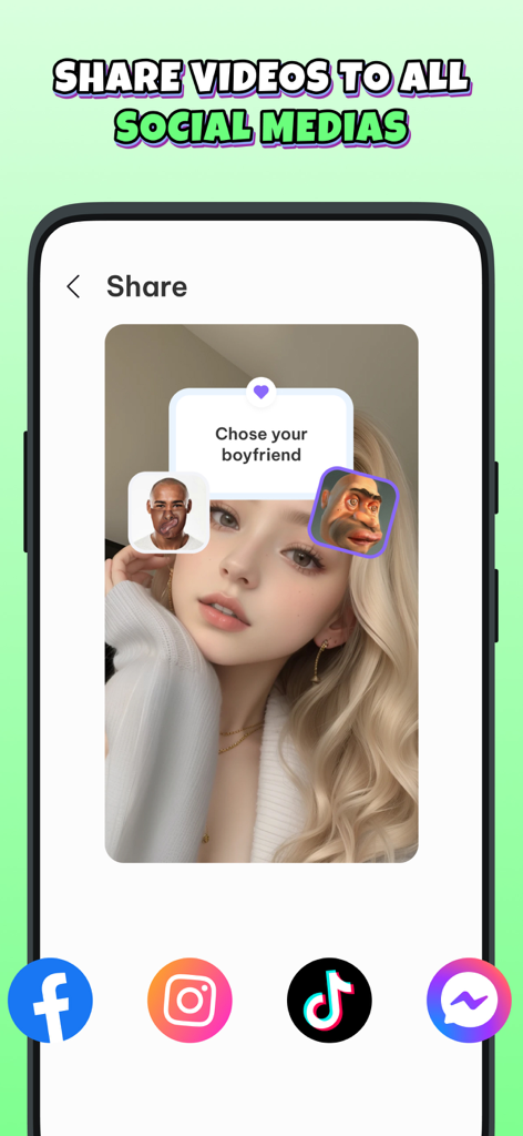 A screenshot of the This Or That Test app showing a user sharing a choice filter video to social media platforms like TikTok and Instagram.