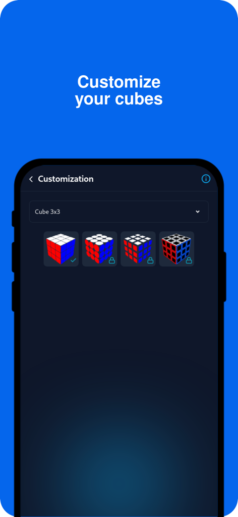 Cube Solver 3D - Interface do aplicativo Cube Solver 3D mostrando várias opções de personalização e skins para um cubo 3x3.