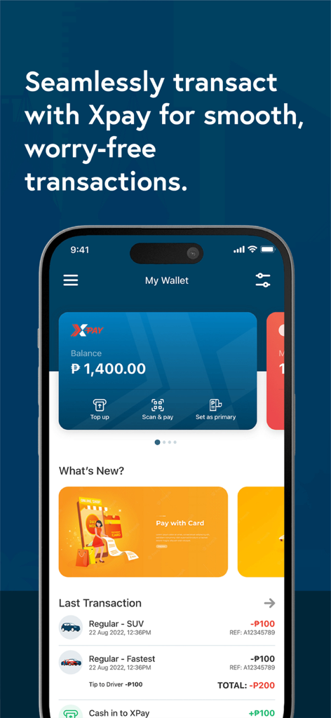 Xpress - Moto & Car Taxi - The Xpay wallet interface within the Xpress taxi app showing account balance and recent transaction history
