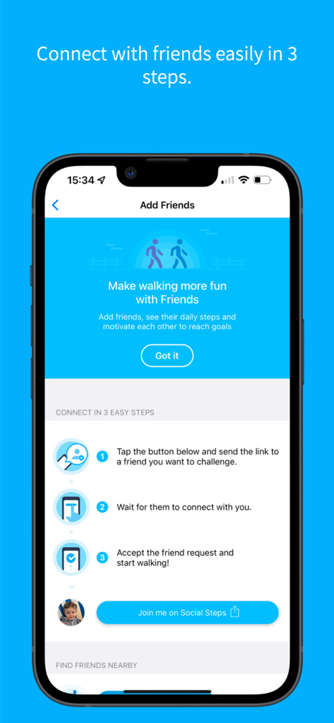 Social Steps - Interface of the Social Steps app showing steps to add friends for fitness challenges.