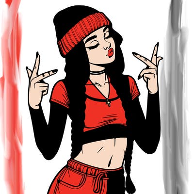 realistic teenage girl with braids and a beanie and crop top doing 🫶🏼