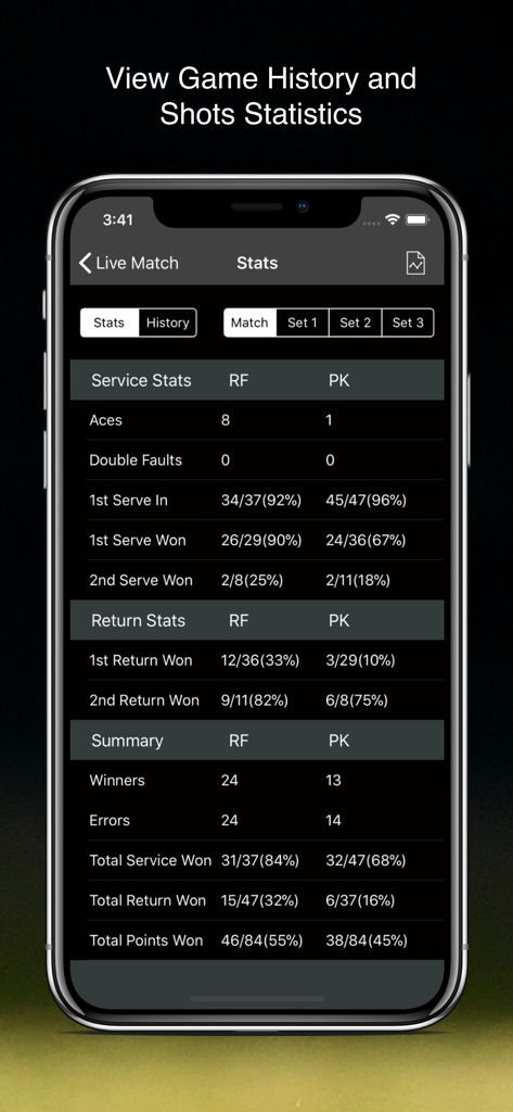 TennisKeeper: Swings & Scores - Interface da aplicação TennisKeeper a mostrar estatísticas detalhadas de jogos em tempo real e comparação de desempenho de jogadores