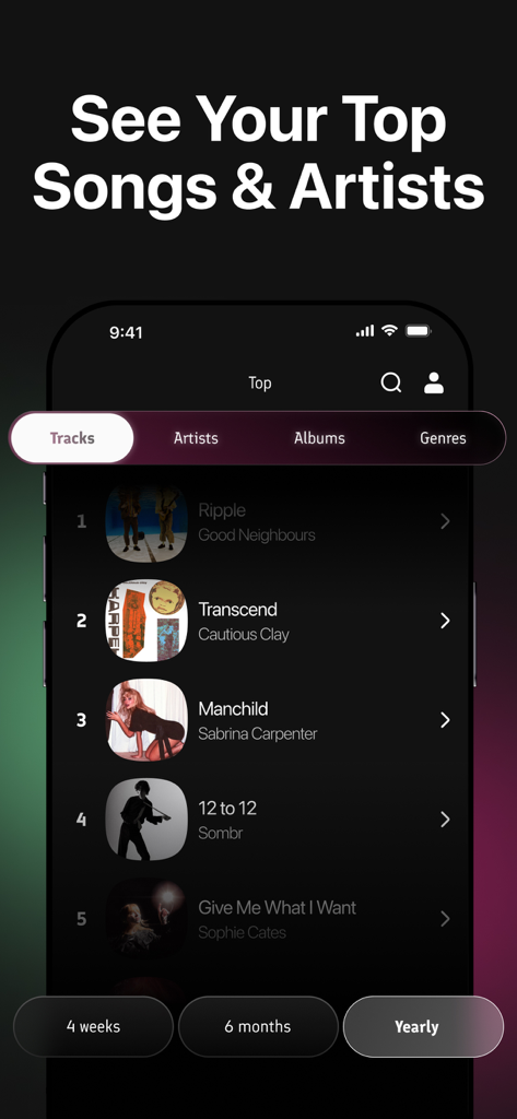 StatsApp for Spotify Stats - Una interfaz de smartphone que muestra la lista de las canciones principales con un filtro anual en la aplicación StatsApp para Spotify.