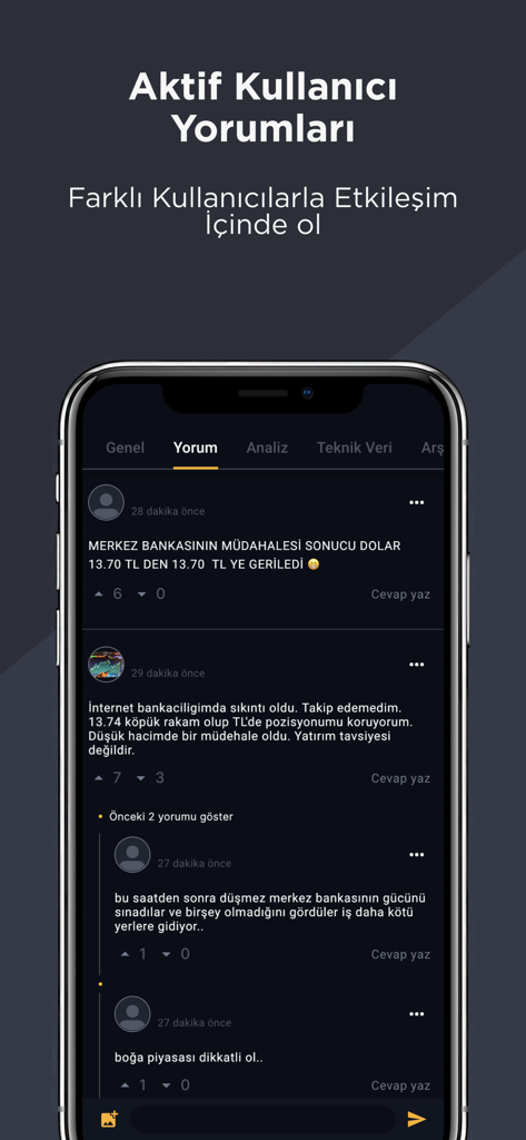 Mobile app interface showing active user comments and market discussions in the Paratic finance app.