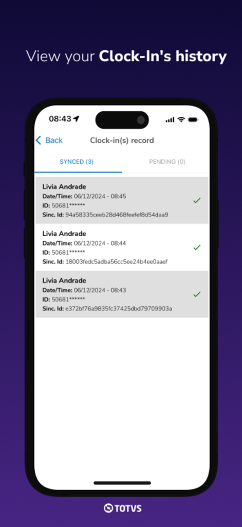 TOTVS RH Clock In - Tela do aplicativo móvel mostrando registros de ponto sincronizados no aplicativo TOTVS RH