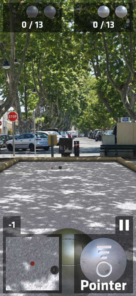 La pétanque - Gameplay of La Petanque mobile app showing a match on a custom pitch created from a street photo