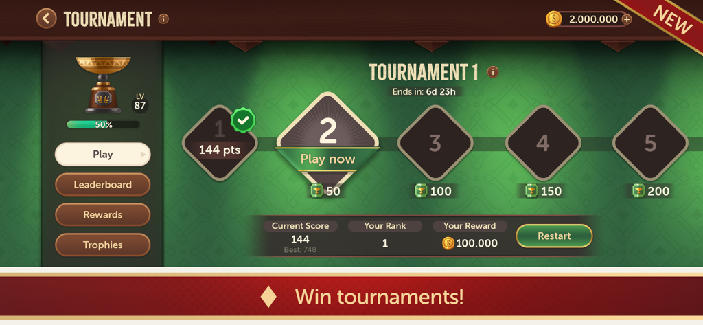 Interface do modo torneio no jogo de cartas Skat Treff mostrando níveis de progressão e recompensas